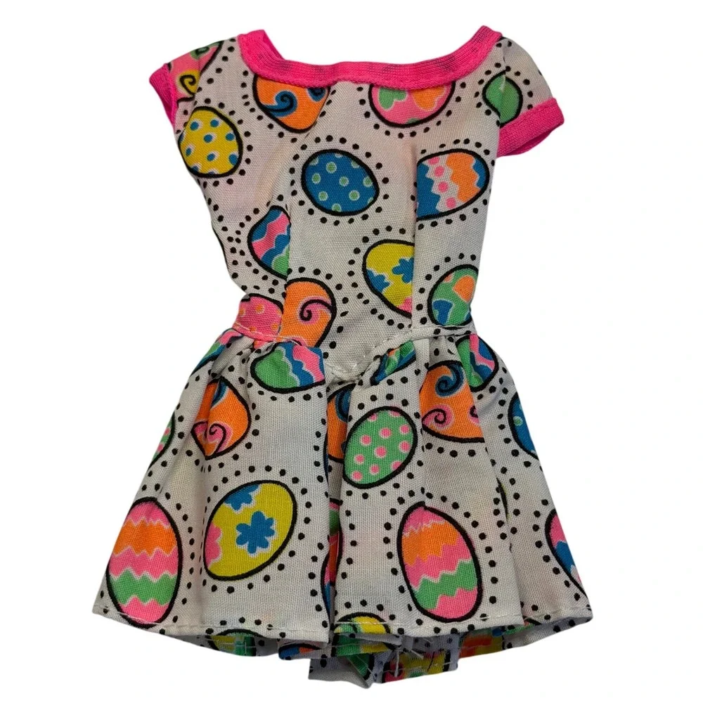 VTG Barbie Doll Dress White Easter Egg Print Pink Trim Fit‎ and Flare Mini Gown